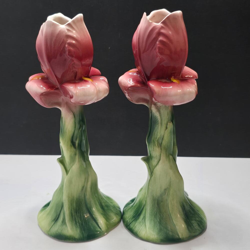Vintage Italian Hand Painted Floral Candlestick Holders Pair Pink Green MCM